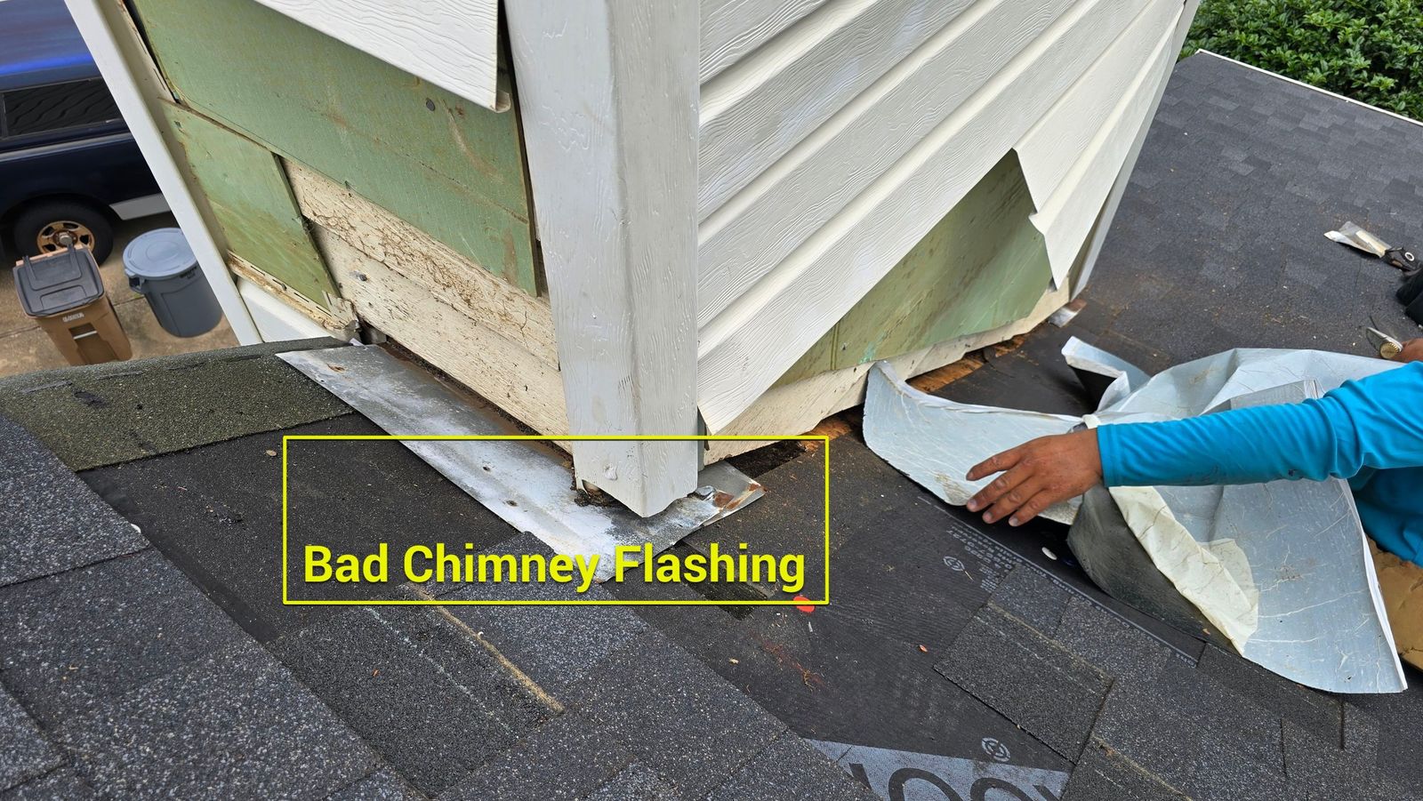 Bad chimney flashing exposed during repair Raleigh NC