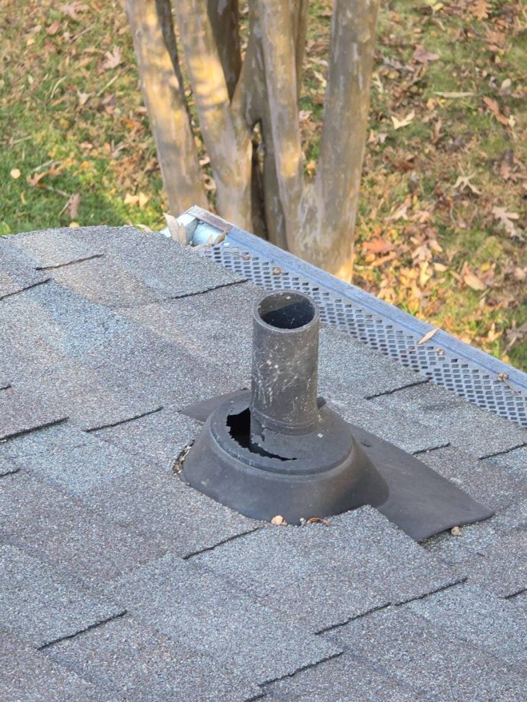 Cracked rubber pipe boot on shingle roof - before repair Raleigh NC